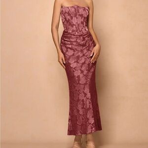 Azazie Ezrena Strapless Jacquard Evening Gown in Burgundy